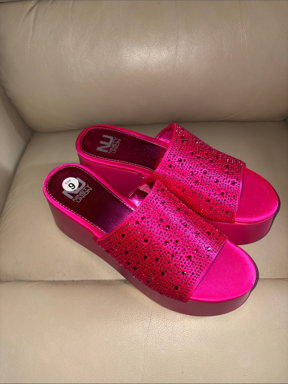 Ninety Union Hot Pink Rhinestone Platform Slide Sandals